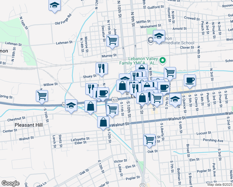 map of restaurants, bars, coffee shops, grocery stores, and more near 1113 Cumberland Street in Lebanon