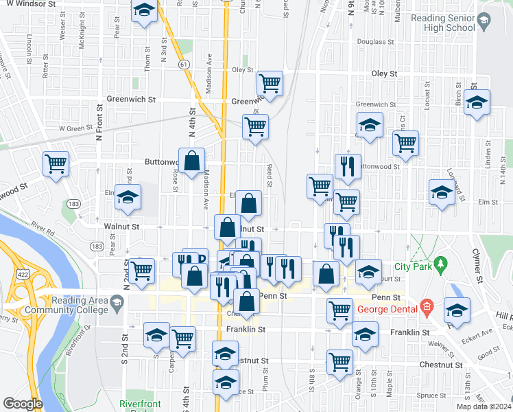map of restaurants, bars, coffee shops, grocery stores, and more near 233 North 6th Street in Reading