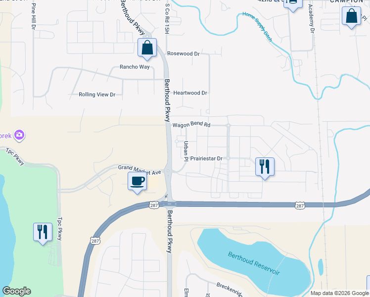 map of restaurants, bars, coffee shops, grocery stores, and more near 2878 Urban Place in Berthoud