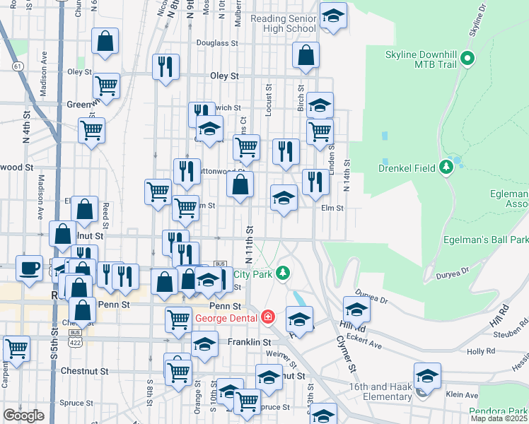 map of restaurants, bars, coffee shops, grocery stores, and more near 1124 Elm Street in Reading