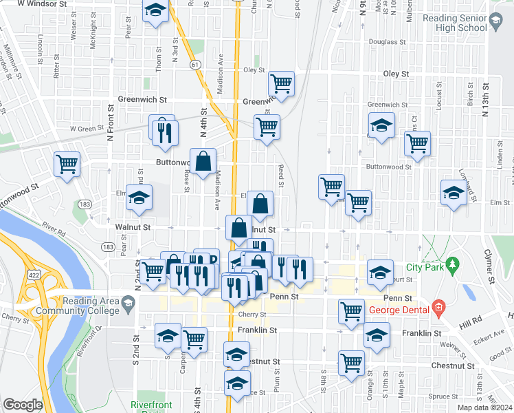map of restaurants, bars, coffee shops, grocery stores, and more near 237 North 5th Street in Reading