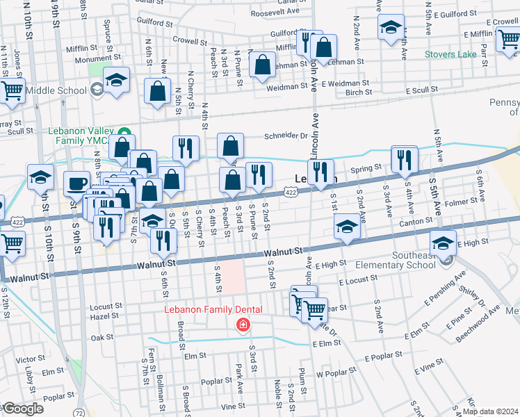 map of restaurants, bars, coffee shops, grocery stores, and more near 19 South 2nd Street in Lebanon