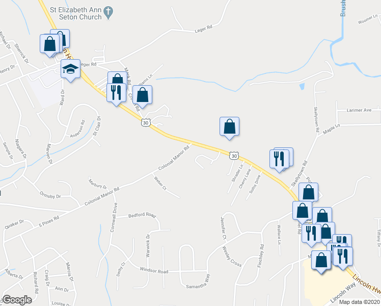 map of restaurants, bars, coffee shops, grocery stores, and more near 61 Colonial Manor Road in Irwin