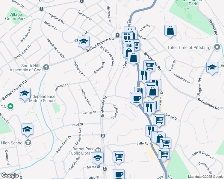map of restaurants, bars, coffee shops, grocery stores, and more near 5072 Lindermer Avenue in Bethel Park