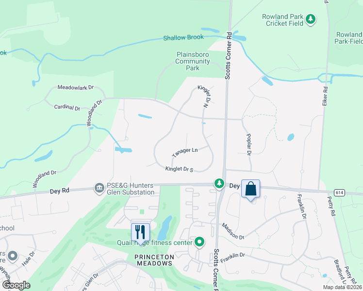 map of restaurants, bars, coffee shops, grocery stores, and more near 1 Bunting Court in Plainsboro Township