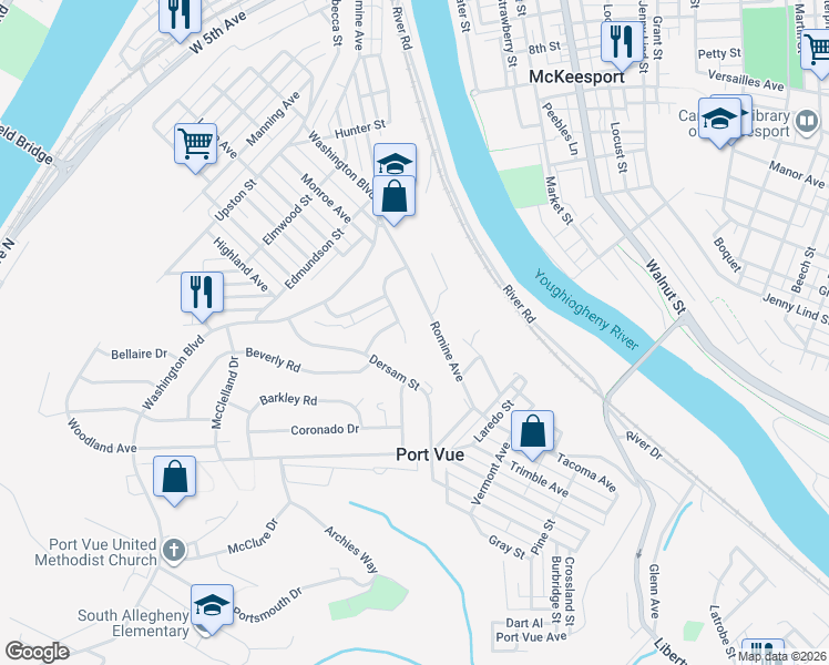 map of restaurants, bars, coffee shops, grocery stores, and more near 1031 Alquin Street in McKeesport