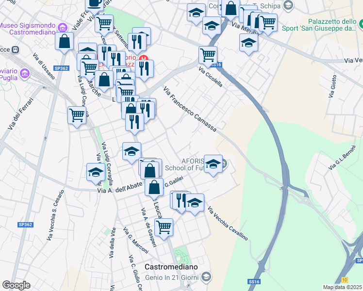 map of restaurants, bars, coffee shops, grocery stores, and more near Via Romagna in Lecce