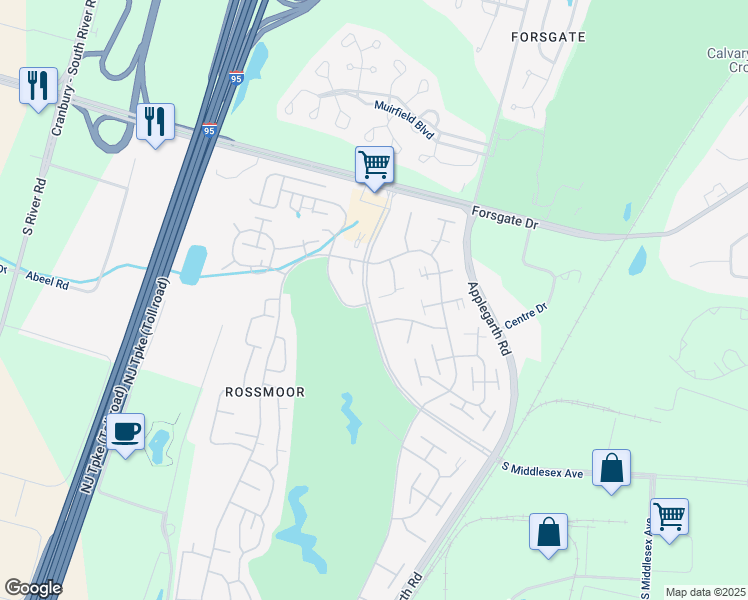 map of restaurants, bars, coffee shops, grocery stores, and more near 73B Rossmoor Drive in Monroe Township