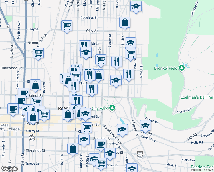 map of restaurants, bars, coffee shops, grocery stores, and more near 1116 Elm Street in Reading
