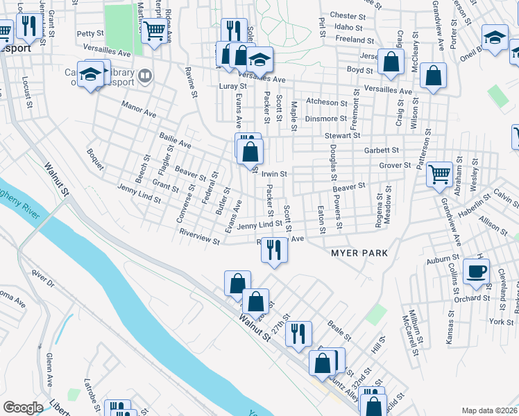 map of restaurants, bars, coffee shops, grocery stores, and more near 1811 Soles Street in McKeesport