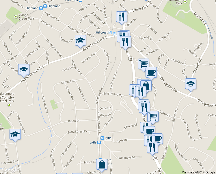 map of restaurants, bars, coffee shops, grocery stores, and more near 5072 Lindermer Avenue in Bethel Park
