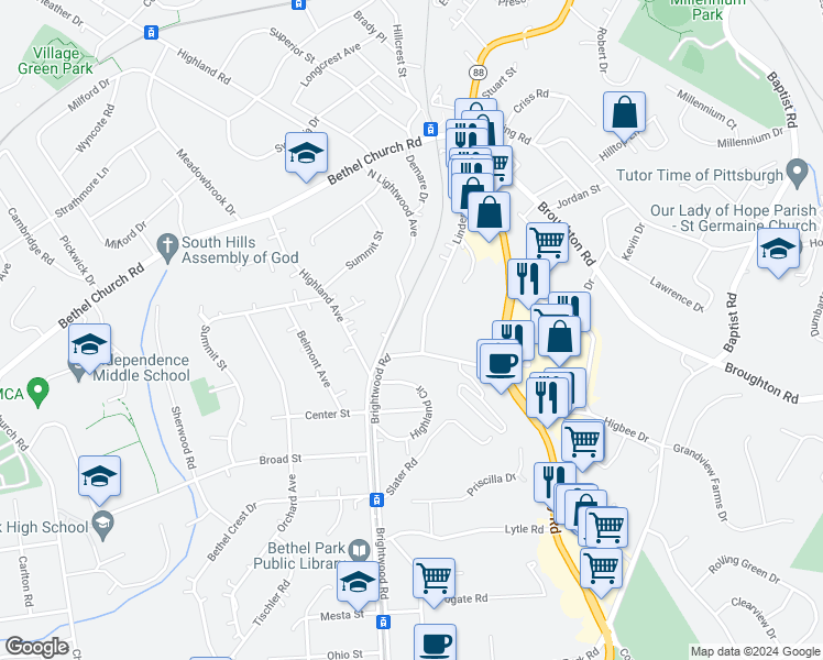 map of restaurants, bars, coffee shops, grocery stores, and more near 5072 Lindermer Avenue in Bethel Park