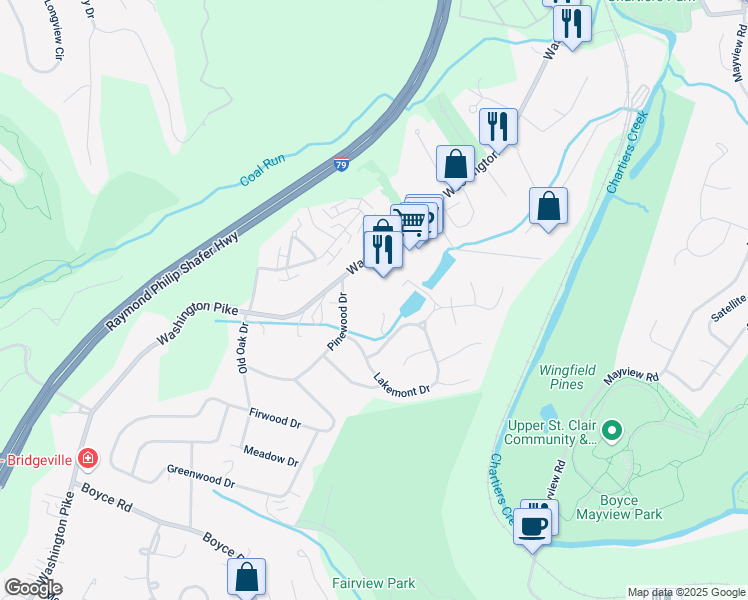 map of restaurants, bars, coffee shops, grocery stores, and more near 3275 Washington Pike in Bridgeville