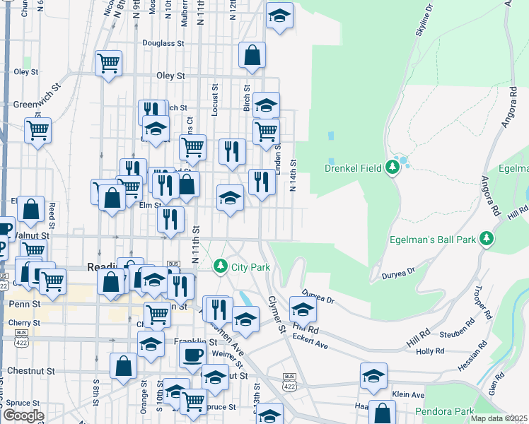 map of restaurants, bars, coffee shops, grocery stores, and more near 263 North 13th Street in Reading