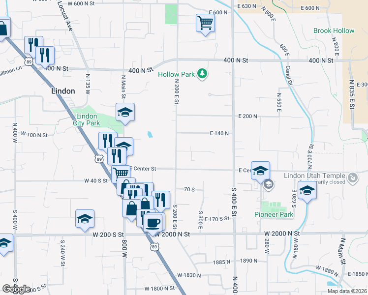 map of restaurants, bars, coffee shops, grocery stores, and more near 229 East 60 North in Lindon