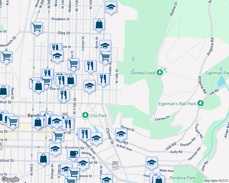 map of restaurants, bars, coffee shops, grocery stores, and more near 270 N 14th St in Reading