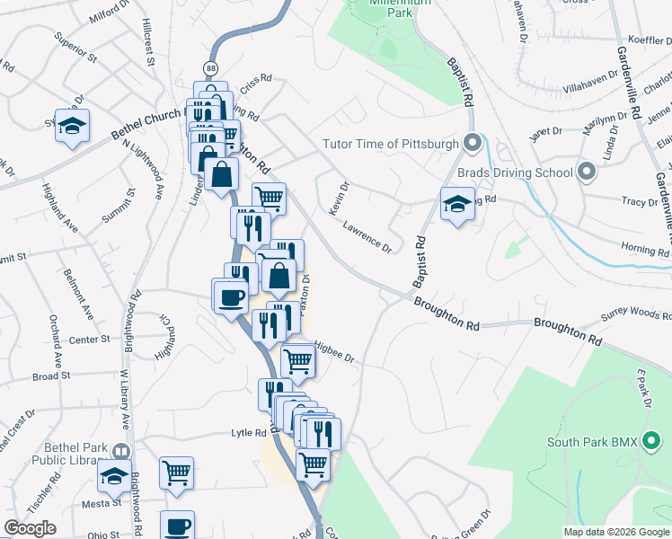 map of restaurants, bars, coffee shops, grocery stores, and more near 400 Broughton Road in Bethel Park