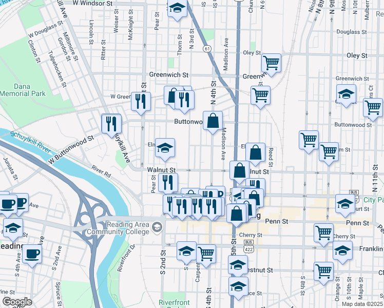 map of restaurants, bars, coffee shops, grocery stores, and more near 237 North 3rd Street in Reading