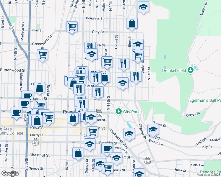 map of restaurants, bars, coffee shops, grocery stores, and more near 1038 Elm Street in Reading