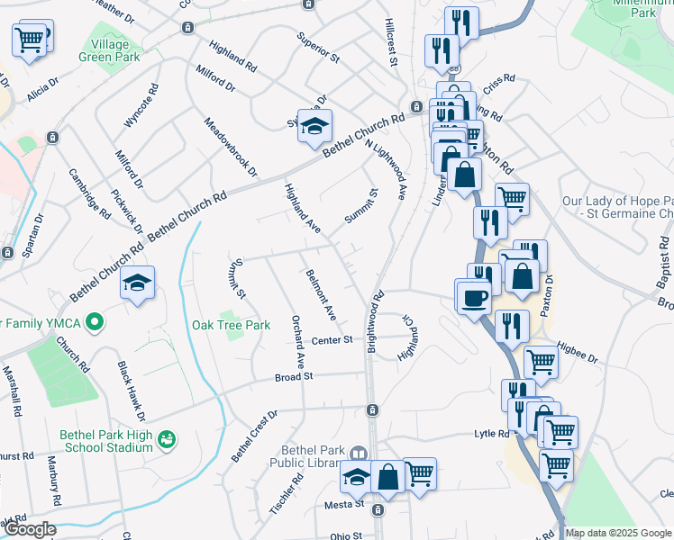 map of restaurants, bars, coffee shops, grocery stores, and more near 5008 Highland Ave in Bethel Park