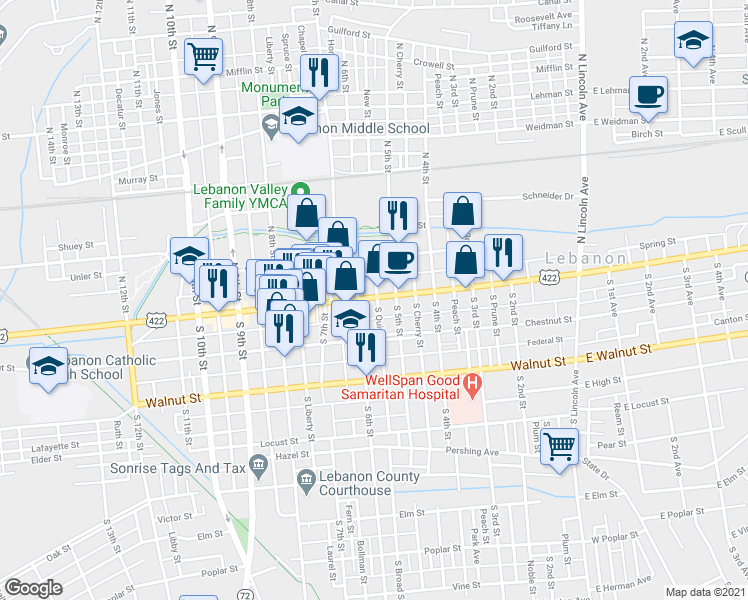 map of restaurants, bars, coffee shops, grocery stores, and more near 528 U.S. 422 in Lebanon