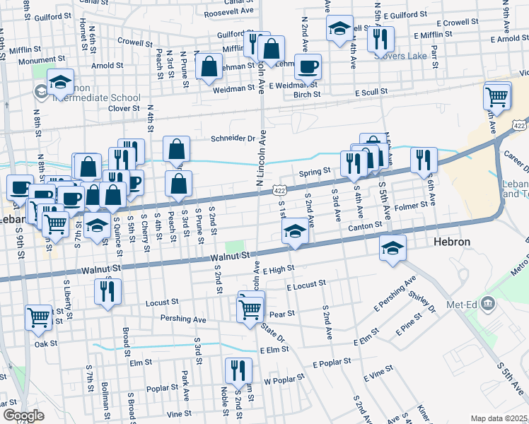 map of restaurants, bars, coffee shops, grocery stores, and more near 18 South Lincoln Avenue in Lebanon