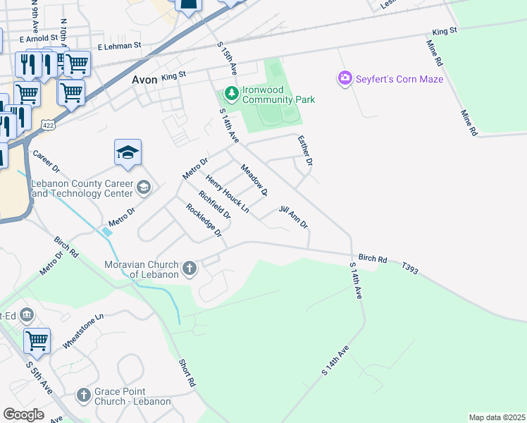 map of restaurants, bars, coffee shops, grocery stores, and more near 1302 Jill Ann Drive in Lebanon