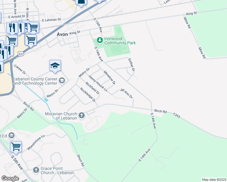 map of restaurants, bars, coffee shops, grocery stores, and more near 1302 Jill Ann Drive in Lebanon