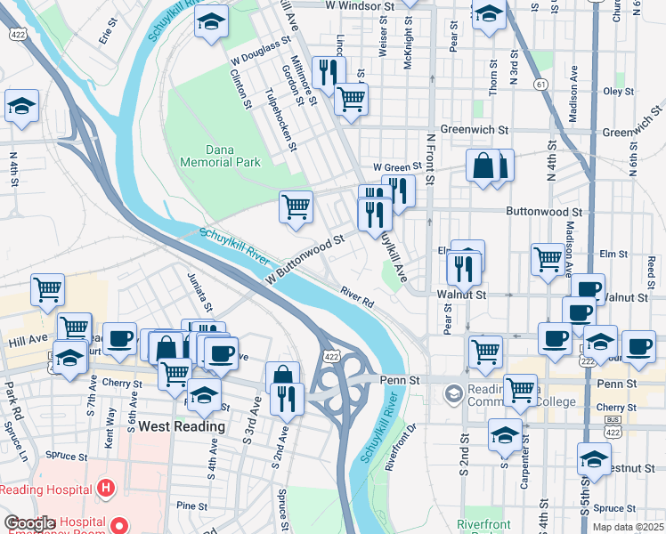 map of restaurants, bars, coffee shops, grocery stores, and more near 8 Bentley Court in Reading