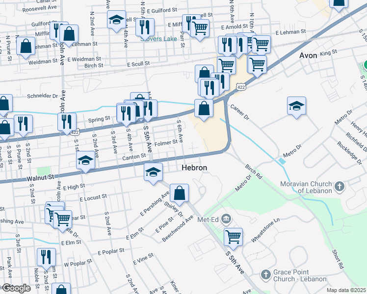map of restaurants, bars, coffee shops, grocery stores, and more near 238 South 6th Avenue in Lebanon