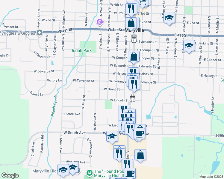 map of restaurants, bars, coffee shops, grocery stores, and more near 350 West Grant Street in Maryville