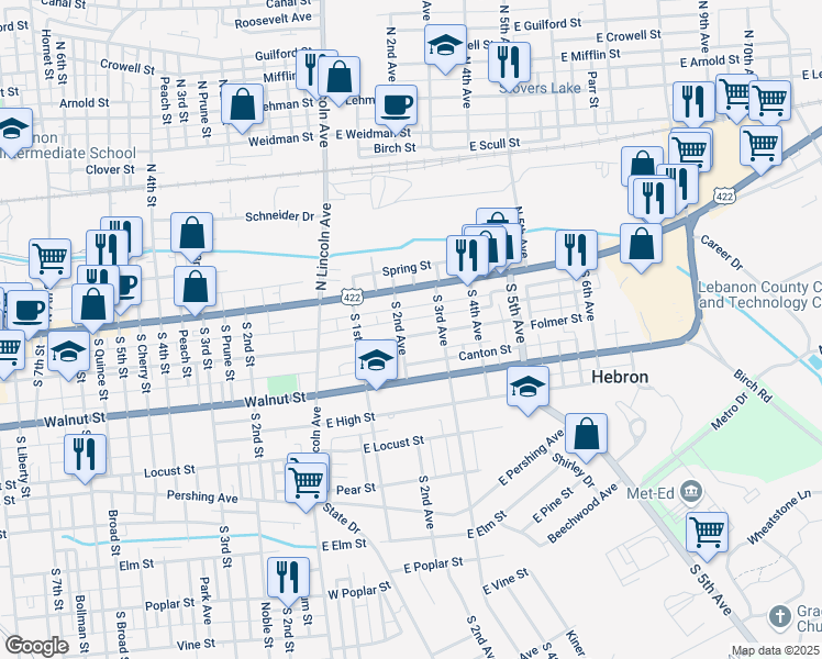 map of restaurants, bars, coffee shops, grocery stores, and more near 205 East Chestnut Street in Lebanon
