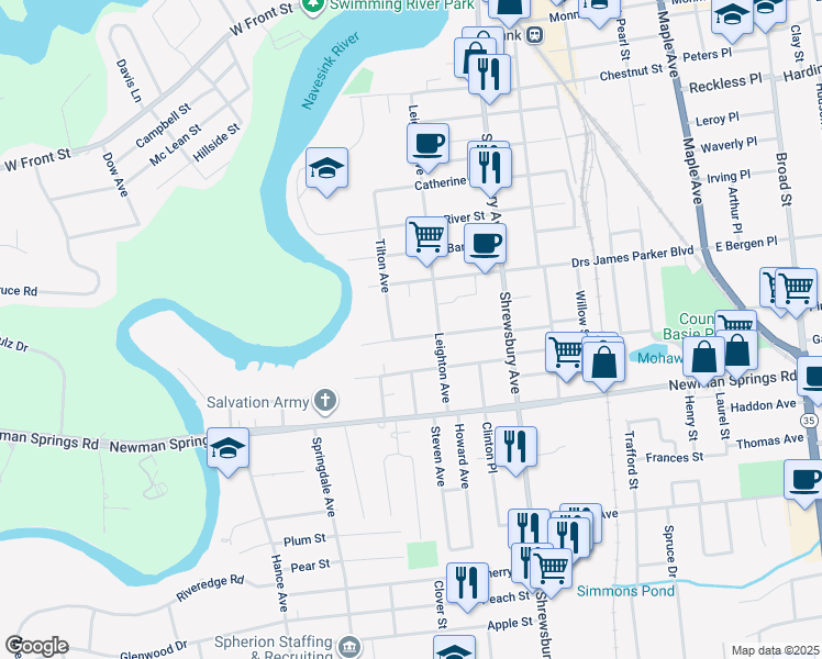 map of restaurants, bars, coffee shops, grocery stores, and more near 84 Sunset Avenue in Red Bank