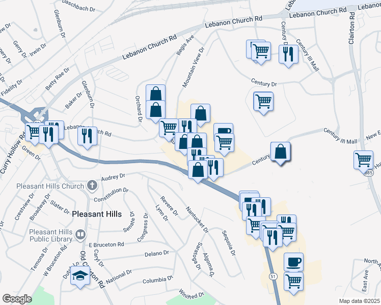 map of restaurants, bars, coffee shops, grocery stores, and more near 9911 Mountain View Drive in West Mifflin
