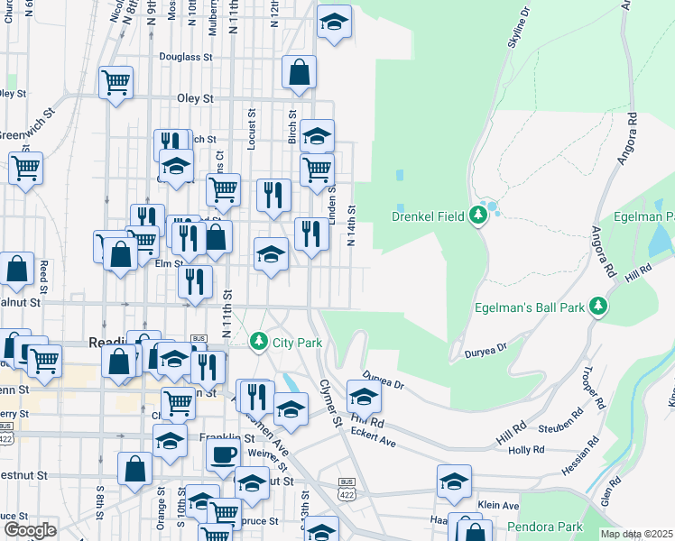 map of restaurants, bars, coffee shops, grocery stores, and more near 271 East Linden Street in Reading