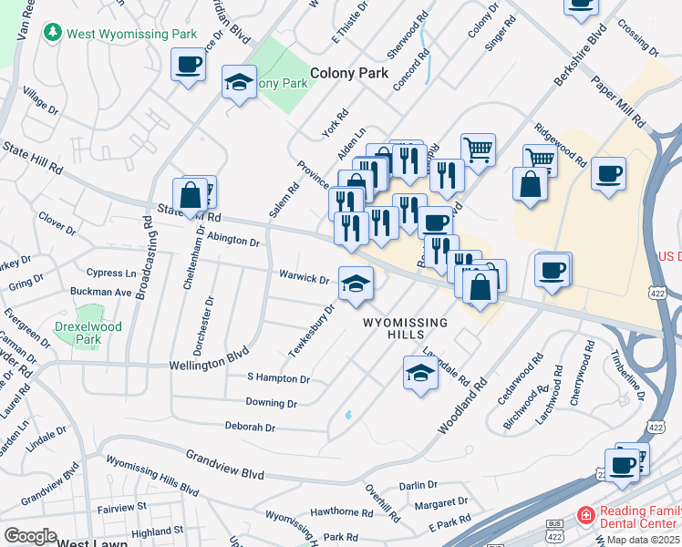 map of restaurants, bars, coffee shops, grocery stores, and more near 462 Warwick Drive in Wyomissing