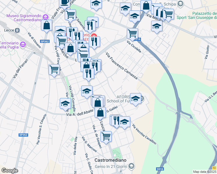 map of restaurants, bars, coffee shops, grocery stores, and more near 65 Via Bruno Cantobelli in Lecce