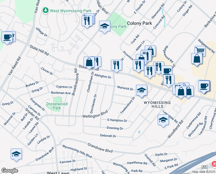 map of restaurants, bars, coffee shops, grocery stores, and more near 21 Devonshire Drive in Reading