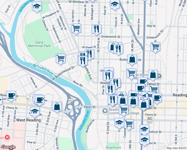 map of restaurants, bars, coffee shops, grocery stores, and more near 126 West Elm Street in Reading