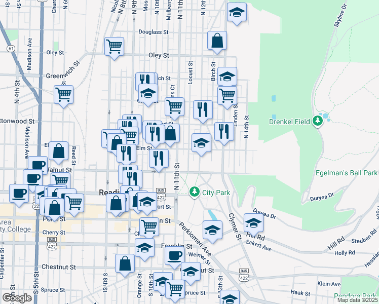 map of restaurants, bars, coffee shops, grocery stores, and more near 1124 Elm Street in Reading