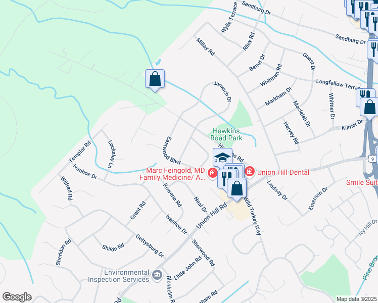 map of restaurants, bars, coffee shops, grocery stores, and more near 11 Kingswood Way in Manalapan Township