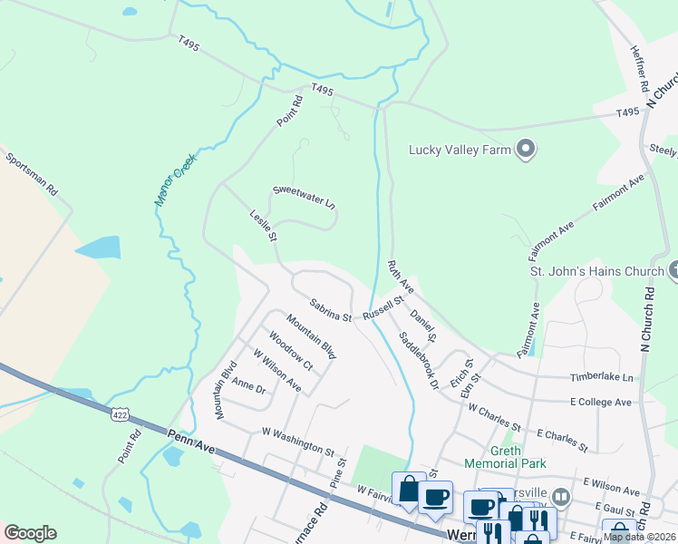 map of restaurants, bars, coffee shops, grocery stores, and more near 58 Sabrina Street in Wernersville