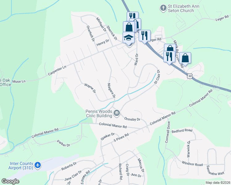 map of restaurants, bars, coffee shops, grocery stores, and more near 599 Niagara Drive in Irwin