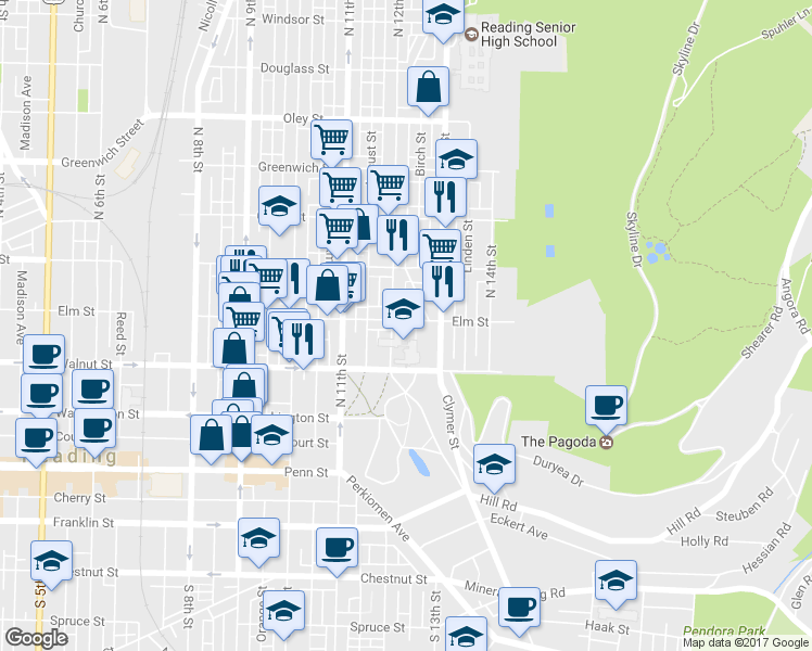 map of restaurants, bars, coffee shops, grocery stores, and more near 1218 Elm St in Reading