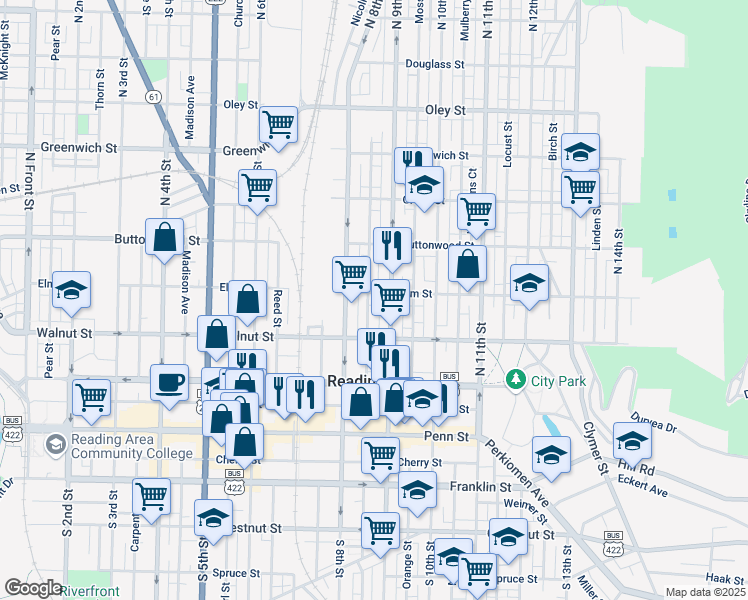 map of restaurants, bars, coffee shops, grocery stores, and more near 238 Cedar Street in Reading