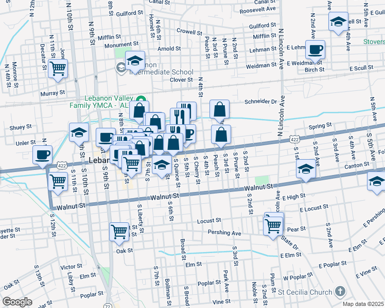map of restaurants, bars, coffee shops, grocery stores, and more near 428 Cumberland Street in Lebanon