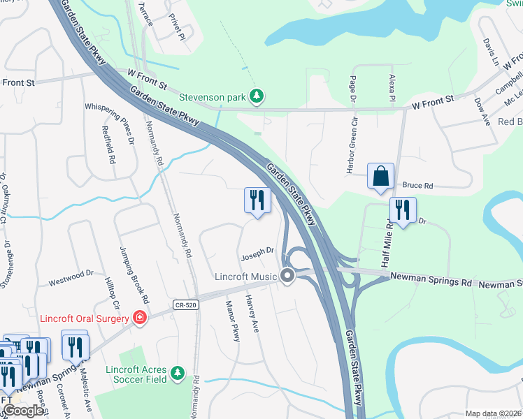 map of restaurants, bars, coffee shops, grocery stores, and more near 29 Neville Drive in Lincroft
