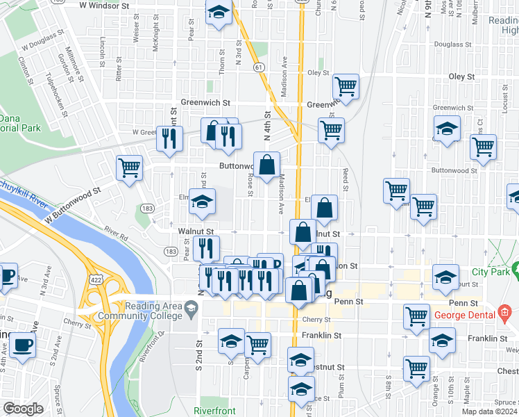 map of restaurants, bars, coffee shops, grocery stores, and more near in Reading