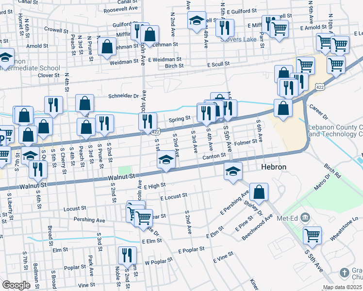 map of restaurants, bars, coffee shops, grocery stores, and more near 205 East Chestnut Street in Lebanon