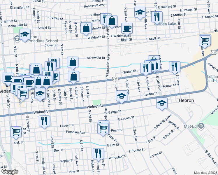 map of restaurants, bars, coffee shops, grocery stores, and more near 18 South Lincoln Avenue in Lebanon